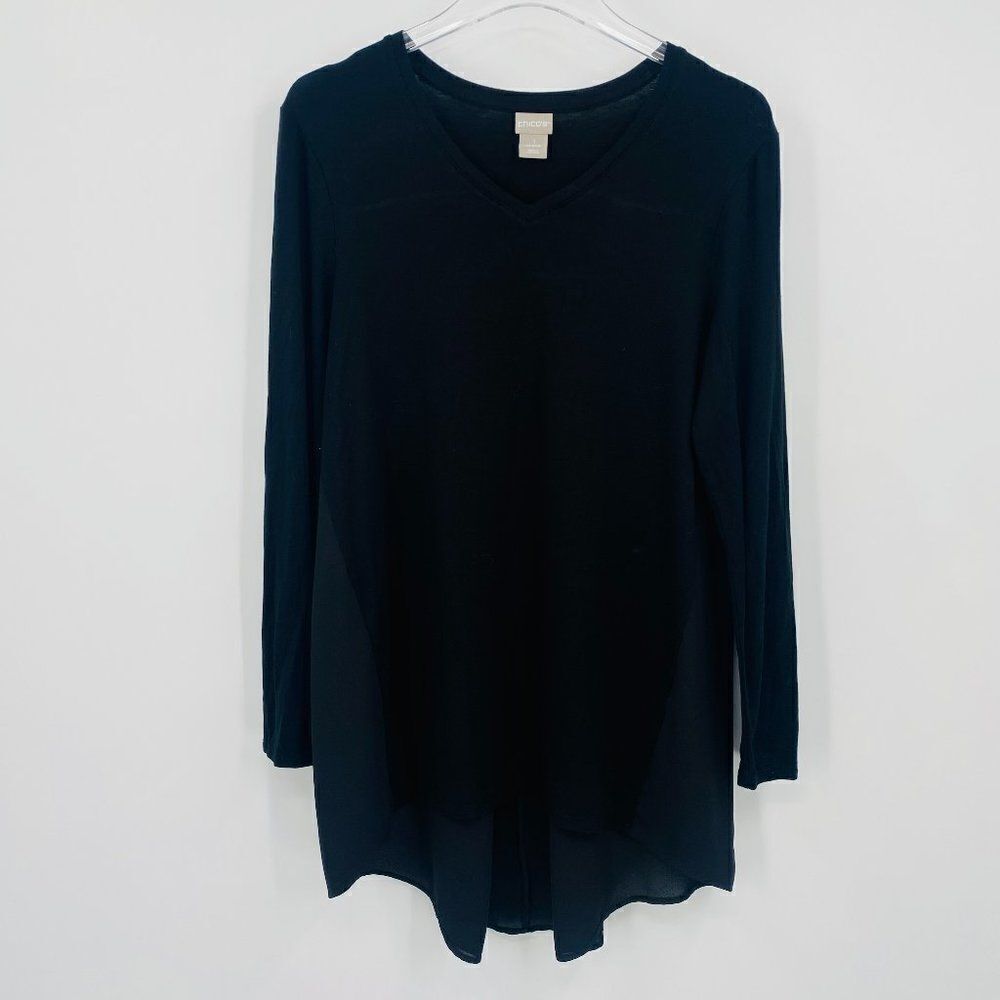 Chico's Size 1 Medium Black V Neck Jersey Knit Hi Low Tunic Top Long Sleeve